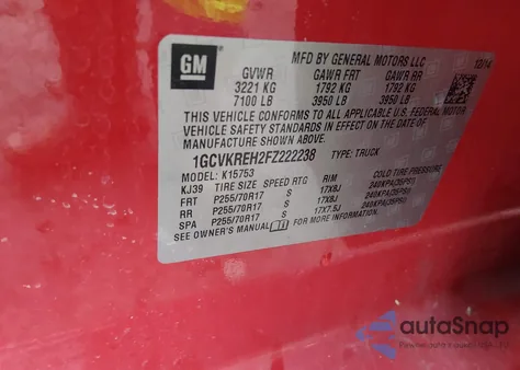 2015 Chevrolet Silverado 1500 1Lt z USA, uszkodzony, nr VIN 1GCVKREH2FZ222238